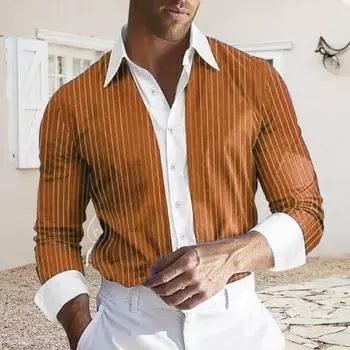 Мужская рубашка с длинным рукавом, лацканами, дизайном, рубашка с пуговицами, планкой, полосатым принтом, цветная рабочая рубашка в стиле пэчворк M фиолетовый