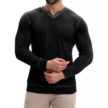 Мужская рубашка с длинным рукавом, мужская футболка с круглым вырезом и пуговицами, топ с цветными блоками L чёрный