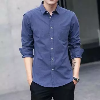 Мужская рубашка с длинным рукавом на весну и осень, облегающий крой M серый