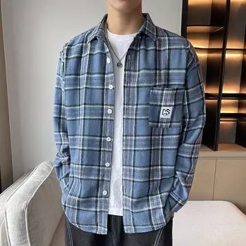 Мужская рубашка с длинным рукавом, новая весенняя рубашка с лацканами в гонконгском стиле, повседневная рубашка, клетчатая рубашка, модное брендовое свободное пальто M