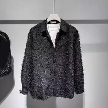 Мужская рубашка с длинным рукавом, однотонная, пушистая, с кисточками, кардиган на пуговицах, средней длины, обычная посадка, уличная, клубная рубашка для повседневной носки, вечеринок, путешествий M белый