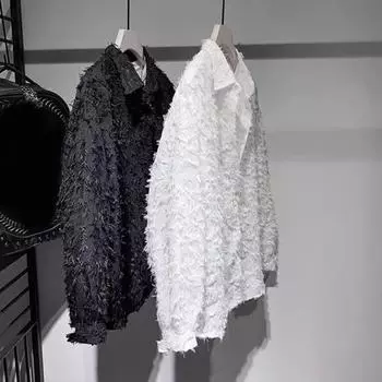 Мужская рубашка с длинным рукавом, однотонная, пушистая, с кисточками, кардиган на пуговицах, средней длины, обычная посадка, уличная, клубная рубашка для повседневной носки, вечеринок, путешествий M белый