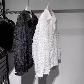 Мужская рубашка с длинным рукавом, однотонная, пушистая, с кисточками, кардиган на пуговицах, средней длины, обычная посадка, уличная, клубная рубашка для повседневной носки, вечеринок, путешествий M белый