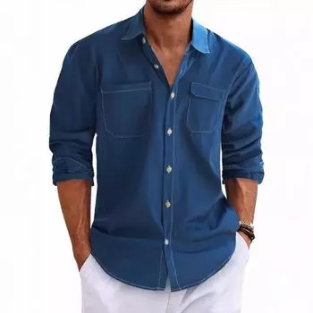 Мужская рубашка с длинным рукавом, однотонная, весна-лето, модная, повседневная, тонкая, удобная, с лацканами, с двойным карманом, мужская рубашка с коротким рукавом XS тёмно-синий