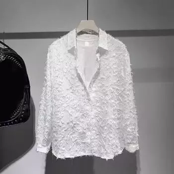 Мужская рубашка с длинным рукавом, однотонный кардиган с пушистыми кисточками и застежкой на пуговицы, средняя длина M белый