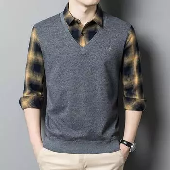 Мужская рубашка с длинным рукавом, осень и зима, новая, для молодежи и среднего возраста, деловая, поддельная, из двух частей, футболка для отдыха, свободный наряд для папы M
