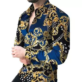 Мужская рубашка с длинным рукавом, с 3D-принтом, с графикой в стиле колор-блок, дышащая, слегка эластичная, на пуговицах S синий