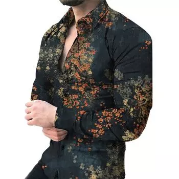 Мужская рубашка с длинным рукавом с цветочным принтом, модная легкая эластичная рубашка для свиданий S чёрный