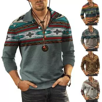 Мужская рубашка с длинным рукавом с лацканами и повседневным принтом 3D, свободная спортивная рубашка с лацканами M циан