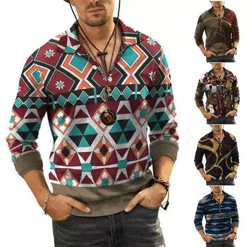 Мужская рубашка с длинным рукавом с лацканами и повседневным принтом 3D, свободная спортивная рубашка с лацканами M тёмно-синий