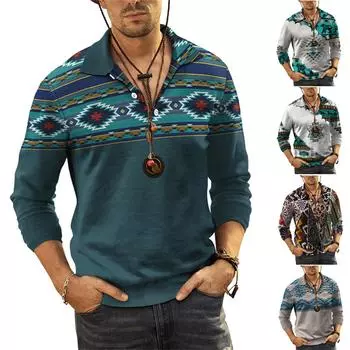 Мужская рубашка с длинным рукавом с лацканами и повседневным принтом 3D, свободная спортивная рубашка с лацканами M чёрный