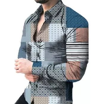 Мужская рубашка с длинным рукавом с плотным геометрическим принтом, 3D, для бизнеса и офиса S синий