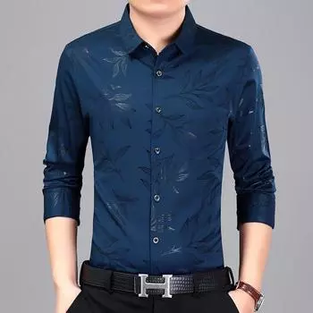 Мужская рубашка с длинным рукавом с принтом листьев, деловые повседневные рубашки для джентльменов M чёрный
