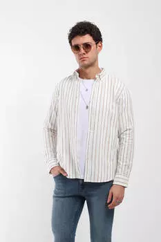 Мужская рубашка с длинным рукавом с тонким узором, бежевая