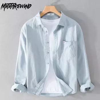 Мужская рубашка с длинным рукавом Simple Style 4XL, повседневные топы с воротником-лацканами из 100 хлопка, универсальная приталенная рубашка однотонного цвета M белый