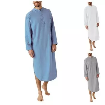 Мужская рубашка с длинным рукавом в арабскую полоску с принтом, мусульманский мужской халат L синий