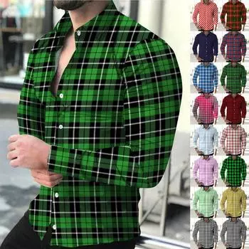 Мужская рубашка с длинным рукавом в клетку с принтом, повседневная свободная рубашка с длинным рукавом с принтом XXL чёрный