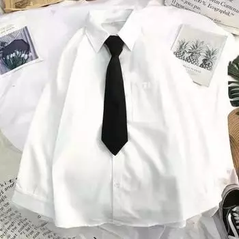 Мужская рубашка с длинным рукавом в корейском стиле с лацканами и галстуком, студенческая свободная однотонная рубашка, уличная одежда L белый
