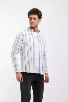 Мужская рубашка с длинным рукавом в полоску с рисунком бежевая