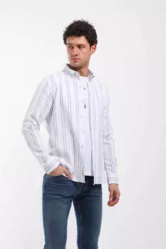 Мужская рубашка с длинным рукавом в вертикальную полоску, зеленая