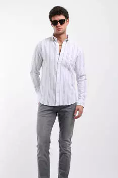 Мужская рубашка с длинным рукавом в вертикальную полоску серая