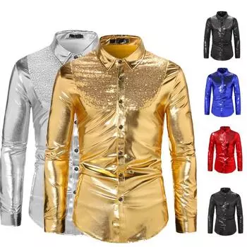 Мужская рубашка с длинными рукавами и блестками, вечерние футболки для танцев в ночном клубе, блестящие топы на пуговицах S