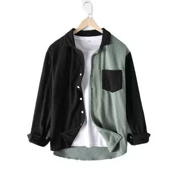 Мужская рубашка с длинными рукавами и цветными блоками, повседневная однобортная свободная рубашка с отложным воротником, куртка S темно-синий