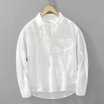Мужская рубашка с длинными рукавами и квадратным воротником в китайском стиле, повседневные льняные дышащие пуловеры на весну и лето 3XL белый