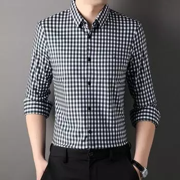 Мужская рубашка с длинными рукавами и лацканами, осенняя новая клетчатая рубашка среднего возраста, бесшовная, эластичная, модная, повседневная M