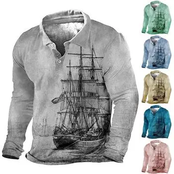 Мужская рубашка с длинными рукавами и тремя пуговицами на лацканах в стиле ретро с морским принтом XL серый