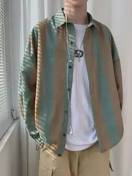 Мужская рубашка с длинными рукавами и вертикальными полосками в корейском стиле — повседневная, свободная, модная на весну и осень M белый