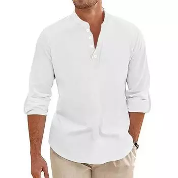 Мужская рубашка с длинными рукавами из хлопка и льна с разрезом Рубашка поло Мужская рубашка Рубашки поло Мужские S белый
