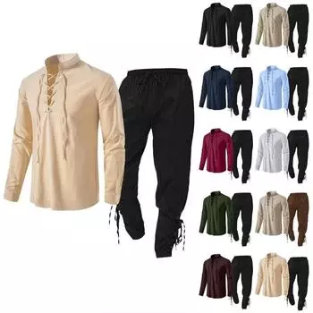 Мужская рубашка с длинными рукавами из хлопка и льна, повседневная пляжная рубашка с воротником-стойкой, однотонный костюм-двойка S