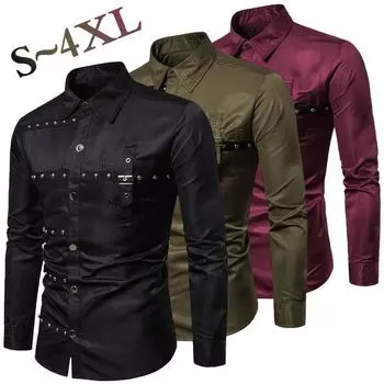 Мужская рубашка с длинными рукавами, новая модная готическая рубашка с длинными рукавами и бриллиантами, костюм для выступлений XXXL чёрный