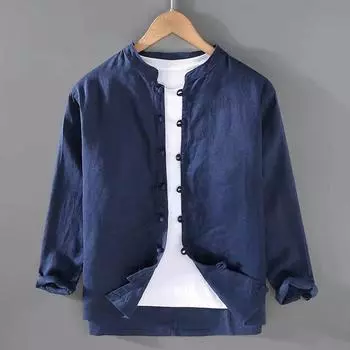 Мужская рубашка с длинными рукавами в стиле ретро на весну и осень, повседневная рубашка с воротником-стойкой, свободная хлопковая рубашка 5XL белый