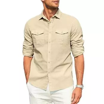 Мужская рубашка с двумя карманами, хлопковая льняная рубашка с длинным рукавом, повседневная праздничная рубашка с простыми лацканами, однотонные рубашки-карго, топы, блузки M белый