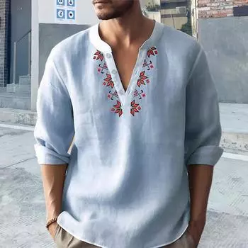 Мужская рубашка с геометрическим принтом на пуговицах и вырезом, топы с v-образным вырезом и длинными рукавами, свободный крой, однотонные тонкие пуловеры, топы, рабочая одежда M синий