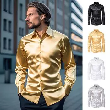 Мужская рубашка с глянцевой поверхностью из атласа, однотонная, с отложным воротником, на пуговицах, средней длины, официальная деловая рубашка для вечеринок и клуба S белый