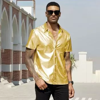 Мужская рубашка с глянцевой поверхностью, отложной, однобортный, с короткими однотонными рукавами, свободный воротник, цветной топ для вечеринки, ночного клуба, танцевальной уличной одежды S чёрный