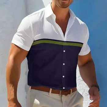 Мужская рубашка с горизонтальными полосками и 3D-принтом, рубашка на пуговицах, повседневная рубашка, летняя рубашка с коротким рукавом, повседневная одежда для отпуска XS синий