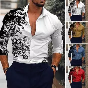 Мужская рубашка с градиентом и 3D принтом, с длинным рукавом и отложным воротником, приталенная темпераментная рубашка на пуговицах, мужская одежда L синий