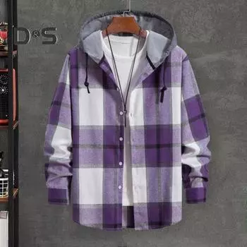 Мужская рубашка с капюшоном на весну и осень, пальто с длинными рукавами и клетчатым принтом, однотонное однобортное повседневное пальто в стиле пэчворк M розовый