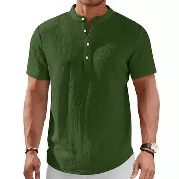 Мужская рубашка с коротким рукавом, без воротника, на пуговицах, модная повседневная базовая футболка, топ L армия зеленый