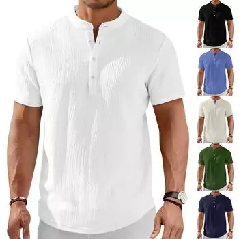 Мужская рубашка с коротким рукавом, без воротника, на пуговицах, модная повседневная базовая футболка, топ L армия зеленый