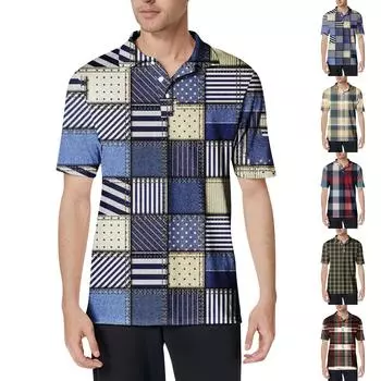 Мужская рубашка с коротким рукавом и полосатым принтом из мягкого хлопкового воротника, влагоотводящая рубашка L синий