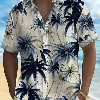 Мужская рубашка с коротким рукавом и винтажным гавайским узором в виде кокосовой пальмы для летнего пляжного отдыха S