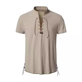 Мужская рубашка с коротким рукавом и воротником-стойкой, повседневная пляжная однотонная футболка с лямками, летние рубашки для повседневной работы в отпуске XL бежевый