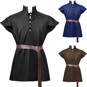 Мужская рубашка с коротким рукавом и воротником-стойкой, летняя одежда для выступлений, свободная рубашка большого размера с завязками XXL коричневый