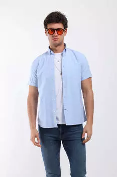 Мужская рубашка с коротким рукавом с карманом, синяя