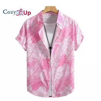 Мужская рубашка с коротким рукавом с розовым и белым принтом листьев, мужская рубашка, лето 2025 г. S